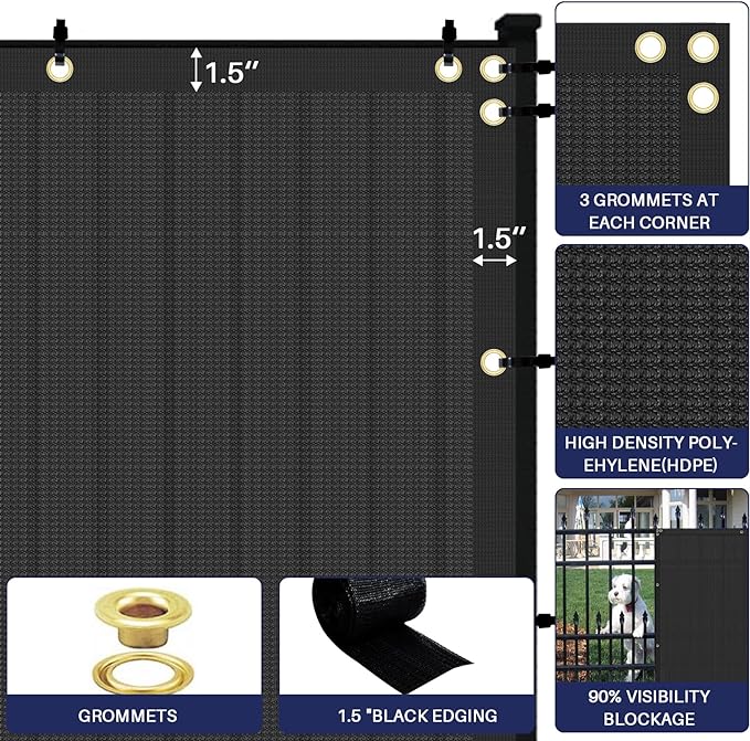 Windscreen4less Privacy Fence Screen Heavy Duty Windscreen Fencing Mesh Fabric Shade Net Cover with Brass Grommtes for Outdoor Wall Garden Yard Pool Deck, 8'x198' Black