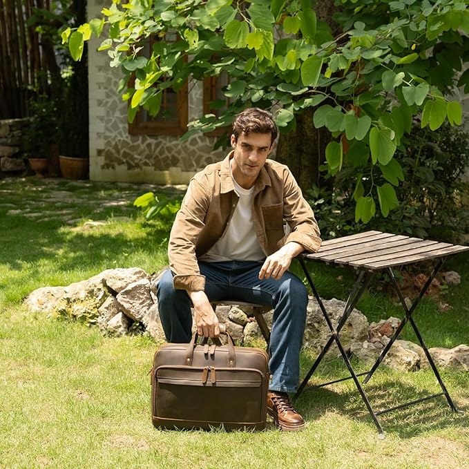 Masa Kawa Leather Briefcase for Men 17/15.6" Laptop Crossbody Shoulder Messenger Bag Business Travel Work Attache Case