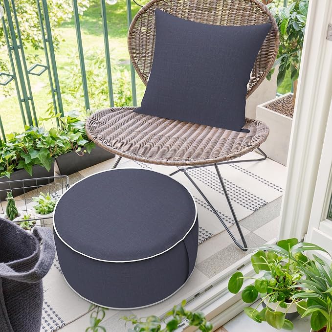 DYTXIII Inflatable Ottoman Stool D21 xH9 for Outdoor/Indoor Use, Water Repellent Patio Foot Rest Stool with Portable Handle,Round Pouf Ottoman Suitable for Garden,Deck and Camping - Textured Navy