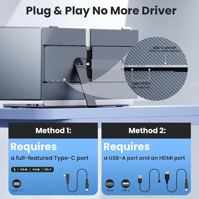 Laptop Screen Extender, 14" Ultra-Thin & Lightweight Portable Monitor, 1080P FHD IPS Second Screen, Plug and Play, Laptop Monitor Extender Compatible for Mac/Win Laptops 13-17 Inch