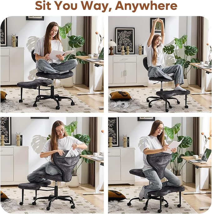 YFO Ergonomic Cross Legged Office Chair and ADHD Meditation Chair with Silent Wheels for Home Office Desk Chair and Yoga, Wider Backrest Support and Storage Pockets Design, Velvet Fabric, Grey