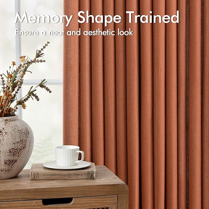 Memory Trained Pinch Pleated Curtains 96 Inches Long, Viral Linen Pinch Pleat Sheer Curtains with Ring Hooks&Clips for Track System Living Room,Terracotta Light Filtering Privacy Curtain 2 Panel Set