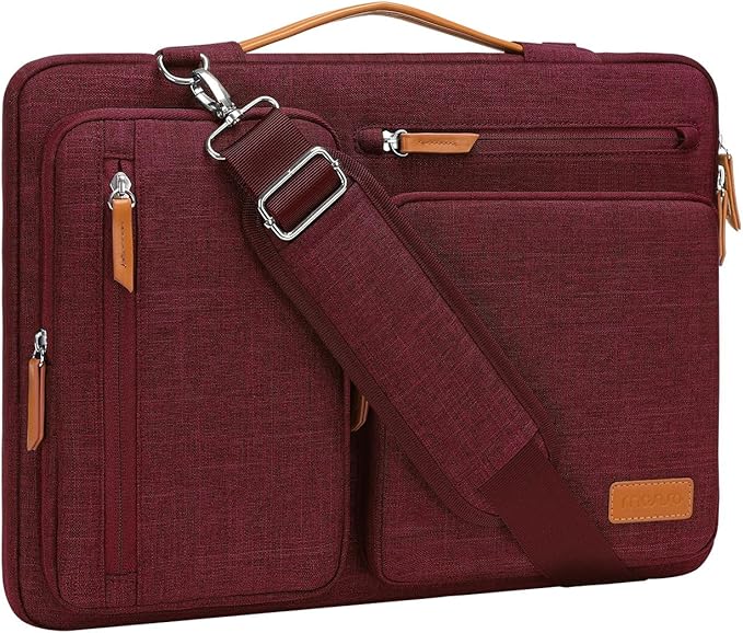 MOSISO 360 Protective Laptop Shoulder Bag,13-13.3 inch Computer Bag Compatible with MacBook Pro 14, HP, Dell, Lenovo, Asus Notebook,Side Open Messenger Bag with 4 Zipper Pockets&Handle, Wine Red