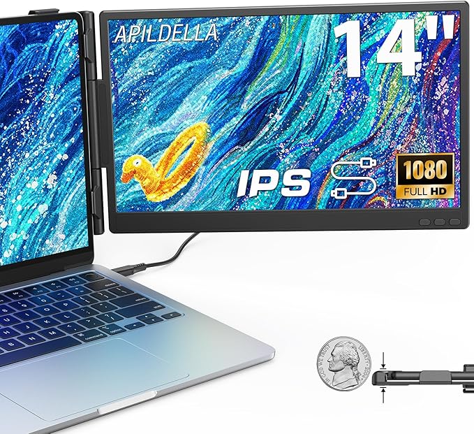 APILDELLA 14'' Laptop Screen Extender 1080P, Portable Dual Monitor Extender for Laptops - USB C and HDMI, Plug-Play for Dual Display on Mac and Windows, Fits 13''-16'' Laptops