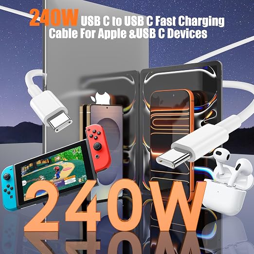 240W USB C to USB C Cable 2-Pack 10FT,Type C Fast Charging Cable for iPhone Air 17 16e 16 15 Pro Plus Pro Max，for Galaxy S25/S24, for iPad Pro/Air/mini, for MacBook Pro/Air and More