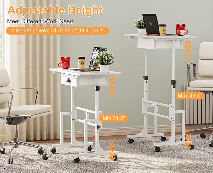 Cidaziya Small Adjustable Height Standing Desk with Storage Drawers, Rolling Sit Stand Up Desk with Wheels Charging Station, Adjustable Mobile Portable Table for Walking Pad Laptop Treadmill Computer