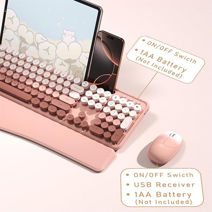 MPTOG Colorful Wireless Computer Keyboard and Mouse Combo with Phone Holder, Wrist Rest, Typewriter Keys, 2.4GHz Wireless, Full-Sized Optical Mouse for PC and Laptop(Peach Colorful)