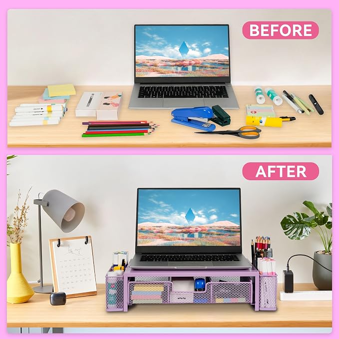 Qupui Computer Monitor Stand Riser with Drawer and Pen Holders, Desk Organizer Shelf and Accessories, Office Desk Accessories, Office Organization, Purple