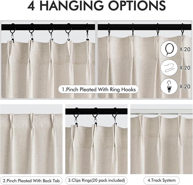 Memory Trained Pinch Pleated Curtains 102 Inches Long, Viral Linen Pinch Pleat Sheer Curtains with Ring Hooks&Clips for Track System Living Room, Beige Light Filtering Privacy Curtain 2 Panel Set