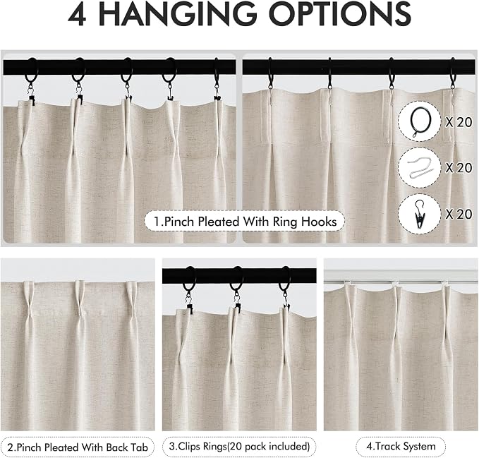 Memory Trained Pinch Pleated Curtains 100 Inches Long, Viral Linen Pinch Pleat Sheer Curtains with Ring Hooks&Clips for Track System Living Room, Beige Light Filtering Privacy Curtain 2 Panel Set