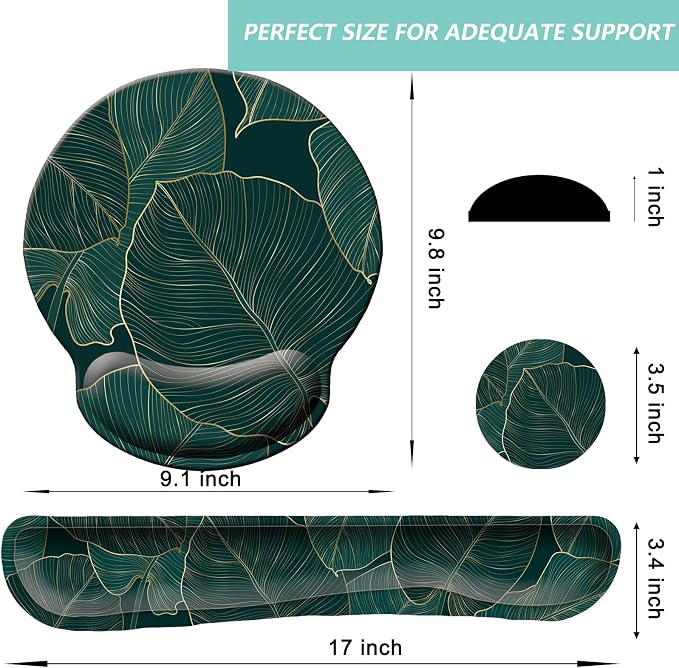 Keyboard Wrist Rest Pad Mouse Pad with Wrist Support Set of 3, Mousepad with Non-Slip Rubber Base, Ergonomic Memory Foam Mouse Wrist Cushion Support for Home Office Laptop Computer, Green Leaves