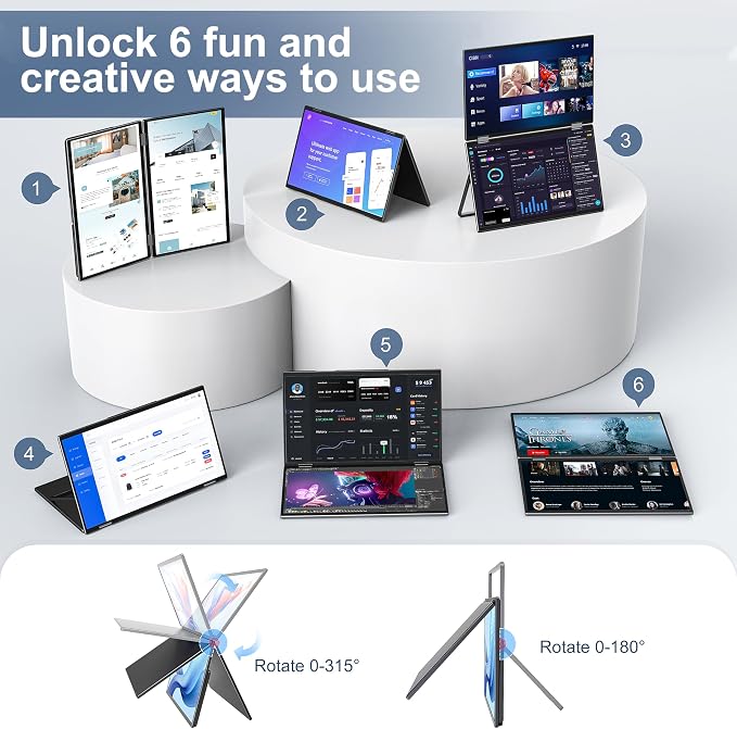 InnoView Dual Portable Monitor 15.6" 1920x1080 Dual Stacked Foldable Monitor | 315° Screen Adjustment | USB-C/HDMI Dual Screen Monitor for Laptop, Mac, Windows