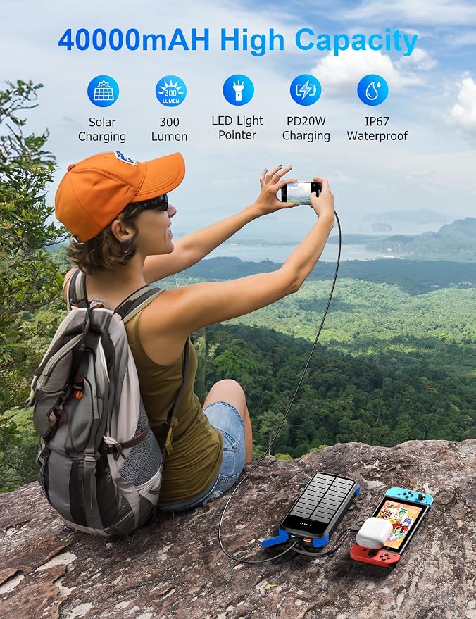 MINRISE Solar Charger Power Bank, 40000mAh Portable Charger PD 20W Fast Charging Solar Power Bank Built in 4 Cables and USB-C in/Output, Camping Essentials External Battery Pack with Flashlights