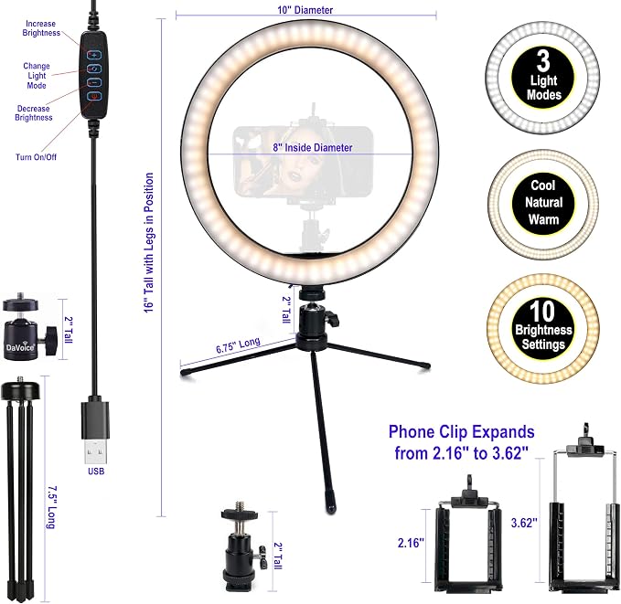 DaVoice 10" 3 Light Modes Desktop Ring Light for Zoom Meetings, with Stand, Phone Holder, USB Powered