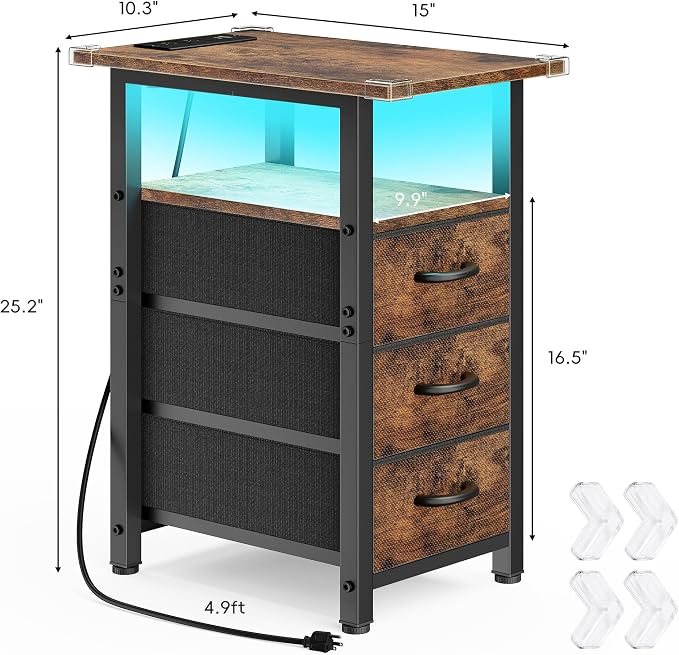 Vagusicc Nightstand with Charging Station and LED Lights, Narrow End Table, LED Night Stand with 3 Fabric Drawers for Bedroom, Small Bedside Table, Narrow Side Table for Small Spaces, Rustic Brown