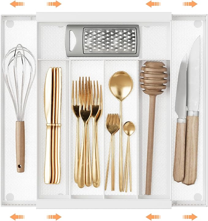 Sedegn Silverware Organizer Metal Mesh, Drawer Organizer, Utensil Cutlery Tray for kitchen drawers,Expandable Flatware Organizer with 7 Compartment White 9.6"~16.1" x 13.8"