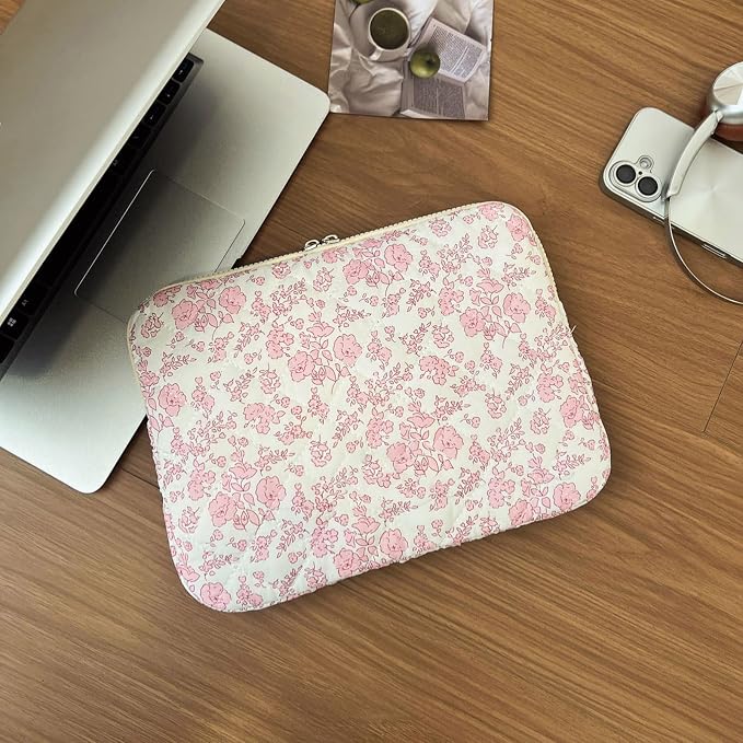 Puffy Laptop Sleeve 13-15.6 Inch Corduroy Quilted Laptop Protective Case Cute Floral Computer Sleeve Protective for MacBook