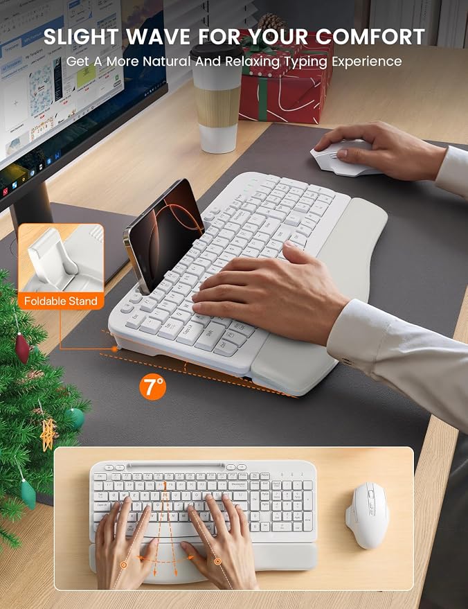 SABLUTE Wireless Keyboard and Mouse Combo, Ergonomic Wave Keys, Cushioned Palm Rest, Rechargeable, Phone Holder, Natural Typing, 2.4G Lag-Free, MA22 Plus Full Size Keyboards Set for Windows/Mac, White
