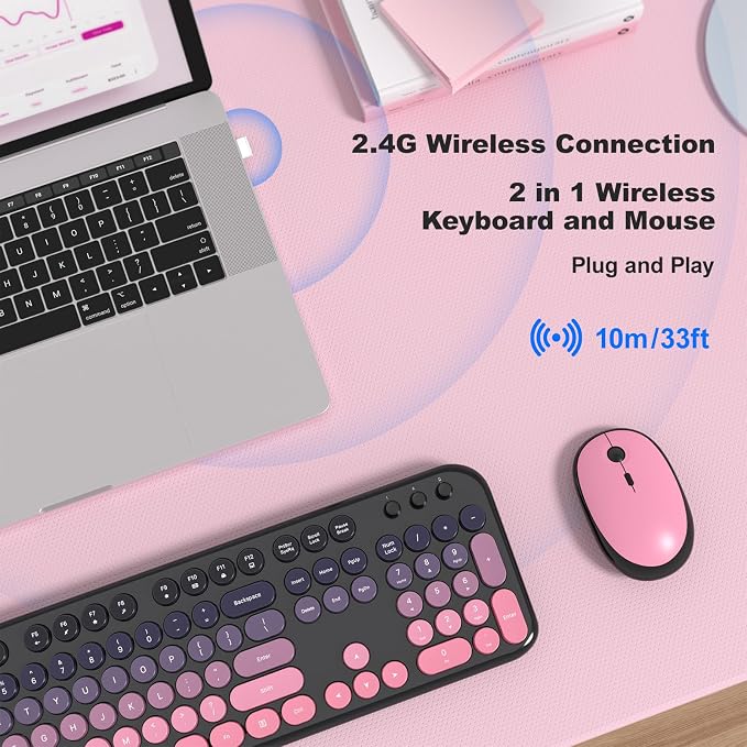 MOFII Wireless Keyboard and Mouse Combo, 2.4GHz Retro Typewriter Keyboard Full Size, Quiet Click Mouse, USB Receiver Plug and Play, for PC, Laptop, Desktop, Windows (Plum Pink Gradient)