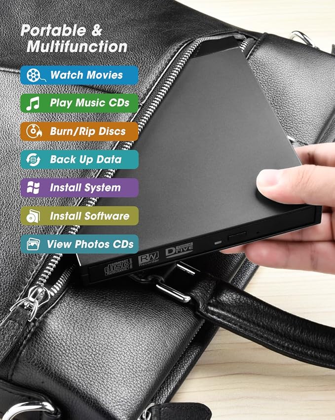 ROOFULL External CD DVD Drive with SD Card Reader & USB 3.0 Ports Hub & Carrying Case, USB-C CD DVD ROM/RW Disk Player Burner Writer for Laptop Mac PC Windows 11/10 MacBook iMac Desktop Computer