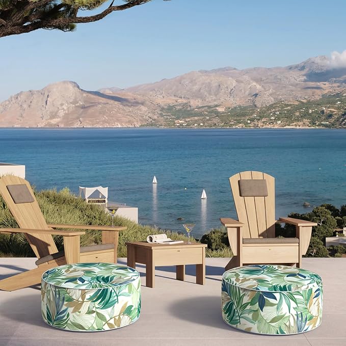 DYTXIII Inflatable Ottoman Stool D21 xH9 for Outdoor/Indoor Use, Water Repellent Patio Foot Rest Stool with Portable Handle,Round Pouf Ottoman Suitable for Garden,Deck and Camping - Lush Leaf Green