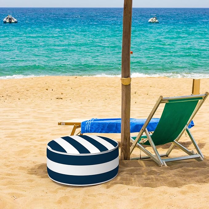 DYTXIII Inflatable Ottoman Stool D21 xH9 for Outdoor/Indoor Use, Water Repellent Patio Foot Rest Stool with Portable Handle,Round Pouf Ottoman Suitable for Garden,Deck and Camping - Cabana Navy
