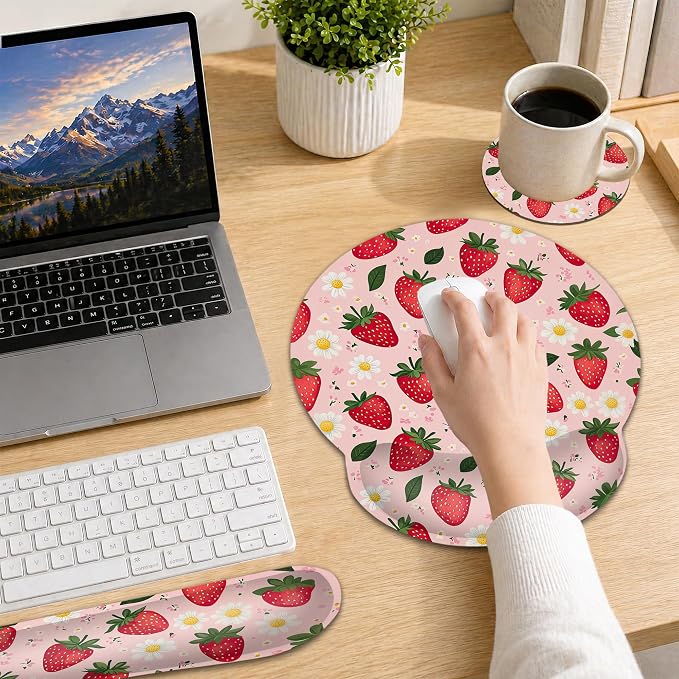 Ergonomic Memory Foam Wrist Rest Set for Keyboard and Mouse,Cute Strawberry Flower Supportive Mouse Pad with Non Slip Base for Office Work and Gaming