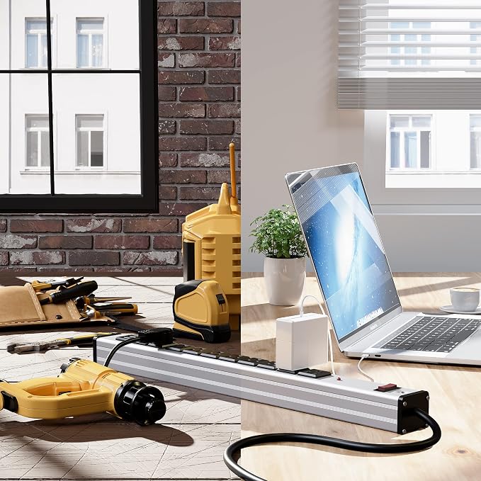 Oviitech10 Outlets Aluminum Power Strip Metal Socket Heavy Duty with 6 Ft Extension Cord, Workshop, Industrial, 15A, 125V, 1875W. Silver and Black