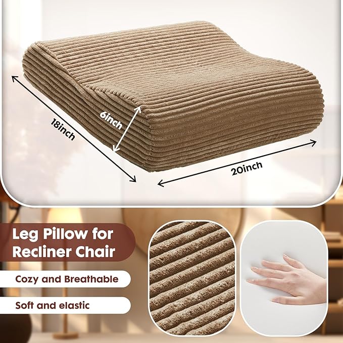 B Shape Corduroy Recliner Foot Pillow, Foam Extra Large Foot Rest Cushion with Adjustable Straps, Suitable for Bed Chair Sofa Headrest Back Lumbar Leg Support Pillow (Light Brown)
