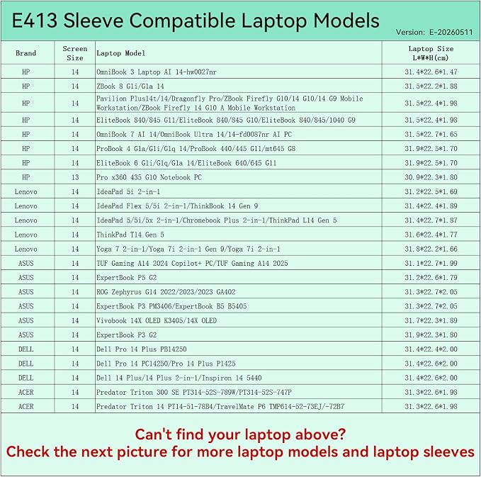 Smatree Elite Laptop Sleeve for 14 inch HP EliteBook/OmniBook/ZBook Firefly, Lenovo ThinkPad/IdeaPad/Yoga, ASUS ExpertBook/TUF Gaming, DELL 14 Plus, ACER, Protective Laptop Case with Pocket(E413)