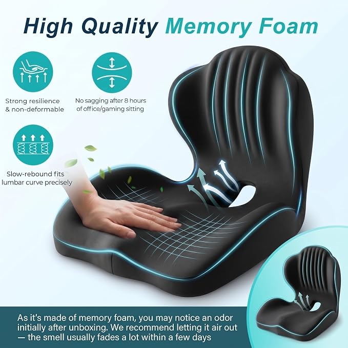Ergonomic Office Chair Seat Cushion, L-Shaped Memory Foam Coccyx Cushion for Tailbone Pain Relief, Orthopedic Car Seat Cushion with Lumbar Support & Cutout Hollow for Sciatica & Back Pain (Black)