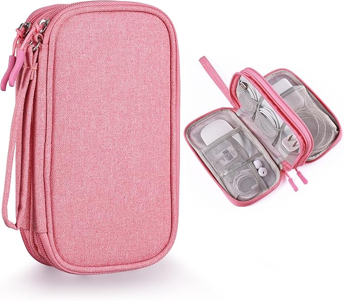 Bevegekos Travel Essentials for Women, Cord Organizer Storage Case Bag for Airplane Accessories & Tech Electronics (Small, Pink)