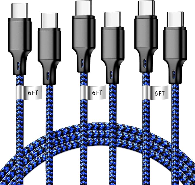 USB C to USB C Charger Cable, 3Pack 6FT Type C Fast Charging Cord Compatible for iPhone 15/16/17/Pro/Max/Plus, iPad Pro Air Ps5 Controller Samsung Galaxy - Black Blue