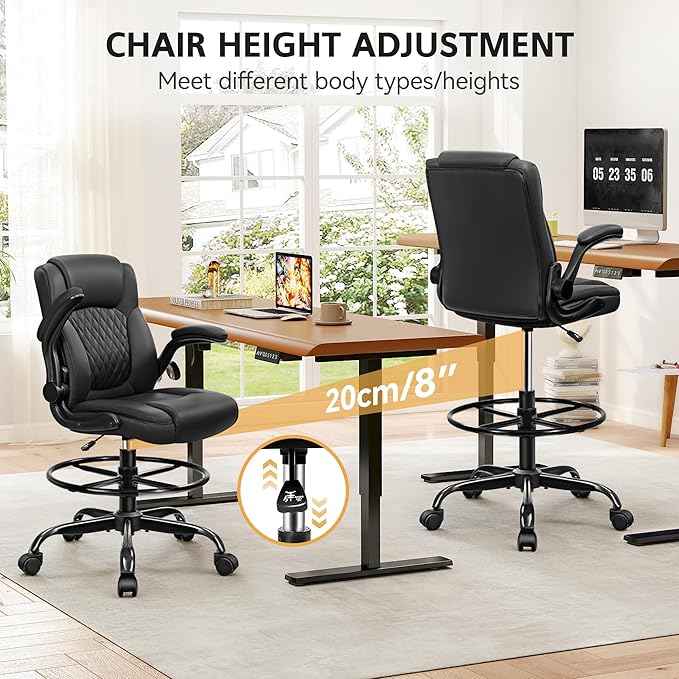 Drafting Chair, Tall Office Chair for Standing Desk, High Executive Leather Ergonomic Computer Chair with Adjustable Height and Flip-Up Armrest for Counter Height Desk, Black, Pack of 1