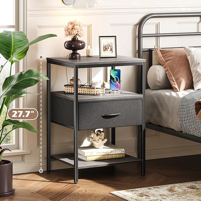 SUPERJARE Night Stand with Charger Station, 27.7 Inch Tall Nightstand with Adjustable Fabric Drawer, Bed Side Table, Fabric Drawer Dresser for Bedroom, Living Room, Charcoal Gray and Black