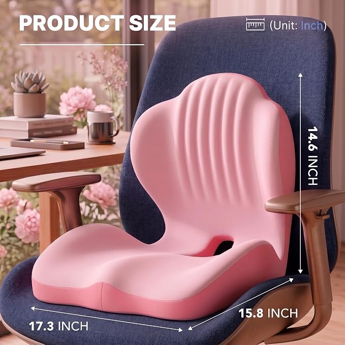 Ergonomic Office Chair Seat Cushion, L-Shaped Memory Foam Coccyx Cushion for Tailbone Pain Relief, Orthopedic Car Seat Cushion with Lumbar Support & Cutout Hollow for Sciatica & Back Pain (Pink)