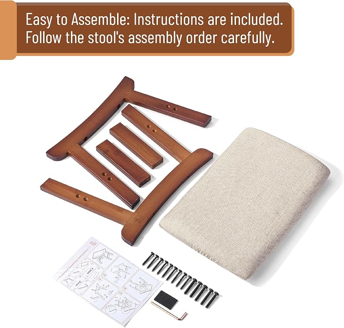 BAMBOO LAND- Bamboo Foot Stools Ottoman, Beige Cushion & Brown Wood Legs, Small Ottoman Foot Rest for Couch