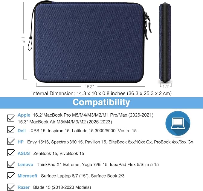 FINPAC Hard Laptop Sleeve Case for 15.3 inch MacBook Air M5 M4 M3 M2 (2026-2023) A3448 A3241 A3114 A2941, 16.2 inch MacBook Pro 2026 M5/M4/M3/M2/M1 Pro/Max, Waterproof Case for Surface Laptop, Navy