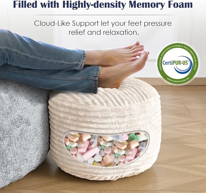 SHOUREN Stuffed Round Ottoman,Corduroy Pouf Ottoman Foot Rest with Foam Filling,Pouf Storage Ottoman Footstool for Living Room,20 X 15 Floor Poufs for Couch - 20 X 15 Inches,Beige