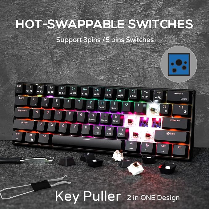 RK ROYAL KLUDGE RK61 60% Mechanical Gaming Keyboard with Coiled Cable, 2.4Ghz/Bluetooth/Wired, Wireless Bluetooth Mini Keyboard 61 Keys, RGB Hot-Swappable Red Switch, Ergonomic Design - Black