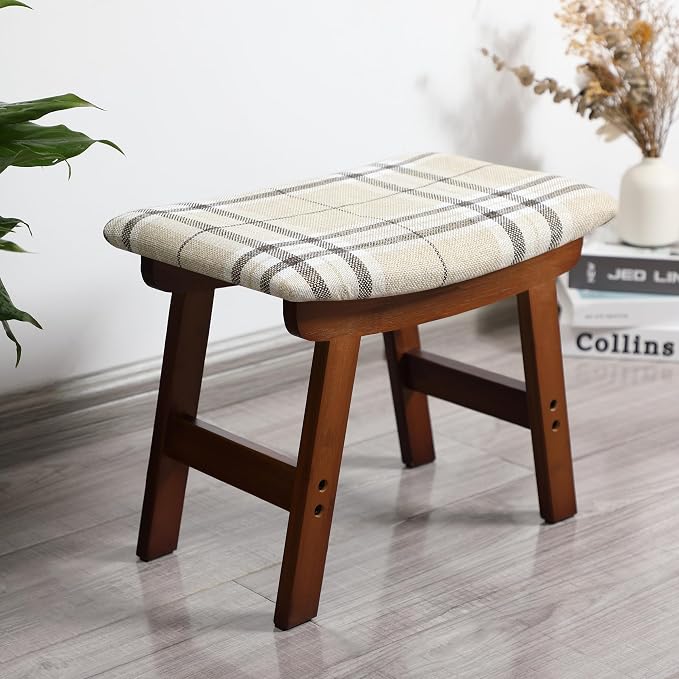 BAMBOO LAND- Bamboo Foot Stools Ottoman, Beige Cushion & Brown Wood Legs, Small Ottoman Foot Rest for Couch
