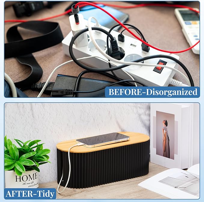 Marsui 2 Pcs Black Cable Management Organizer Box for Hiding Wires, Home Office Desk Floor Cord Organizer, 11.8 x 5.1 x 4.3 Inch Cord Strip Protect Holder Wire Storage