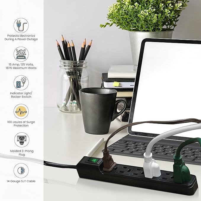 Go Green Power Inc. GG-16103MINBK 6 Outlet Surge Protector, Black