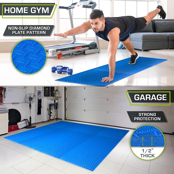 ProsourceFit Exercise Puzzle Mat ½-inch, EVA Interlocking Foam Floor Tiles for Home Gym, Workout Equipment, Kids Play Areas, Blue, 72 SQ FT - 18 Tiles