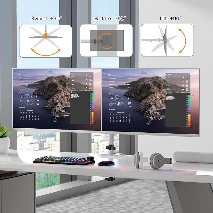 Pholiten Dual Monitor Stand, Heavy Duty Adjustable Monitor Arm Desk Mount for 2 Screens up to 38Inches, Tilt, Swivel, Rotate, Supports Tilt, Swivel, Rotate, Supports 22 lbs per Arm,Silver