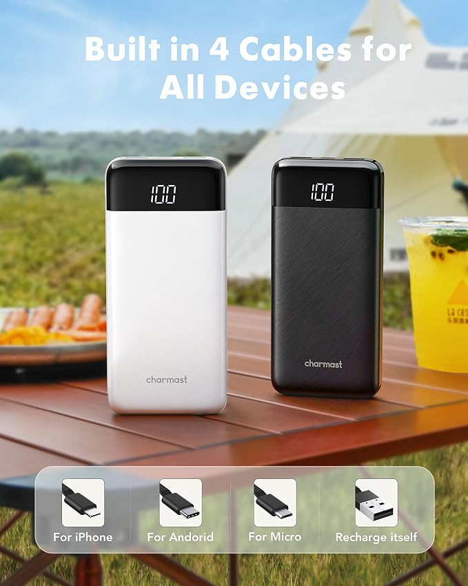 charmast 2 Pack 10000mAh Portable Charger, Power Bank with Built-in 4 Cables, 6 Outputs & 3 Inputs, Battery Pack with Digital Display, Travel Essential for iPhone All Series & Android, Family Sharing