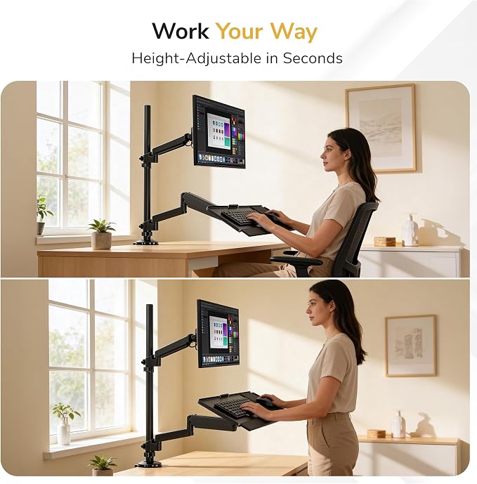Mount-It! Sit-Stand Monitor Arm Desk Mount with Keyboard Tray, Single Monitor Fits Up to 32”, Height Adjustable Gas Spring, Full Motion Articulating Arm, Clamp or Grommet, Black