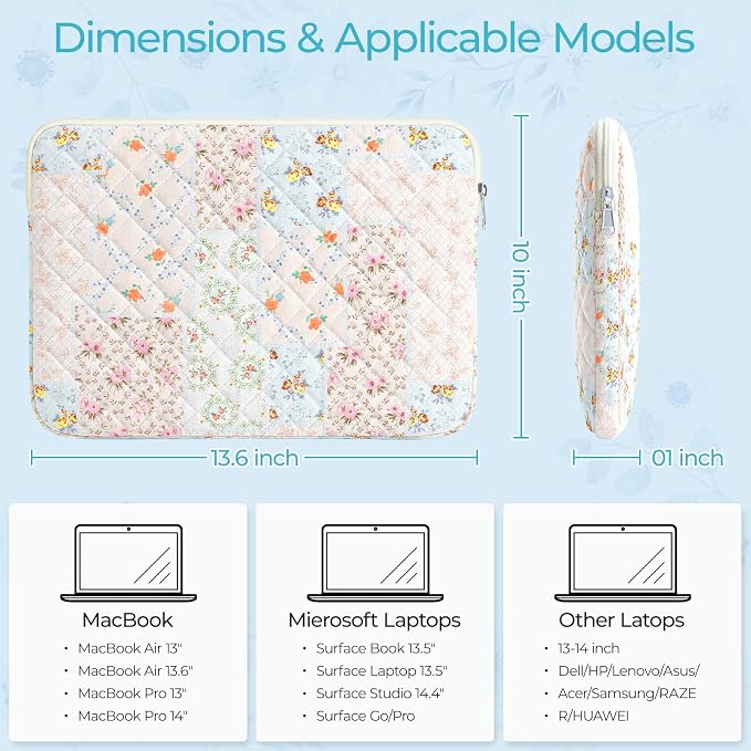13-14 inch Cotton Quilted Laptop Sleeve for Women, Aesthetic Puffy Laptop Case Carrying Bag Compatible with MacBook Air/Pro 13/Pro 14, Soft Computer Liner Bag (Coloful Pin, 13.3 inch)