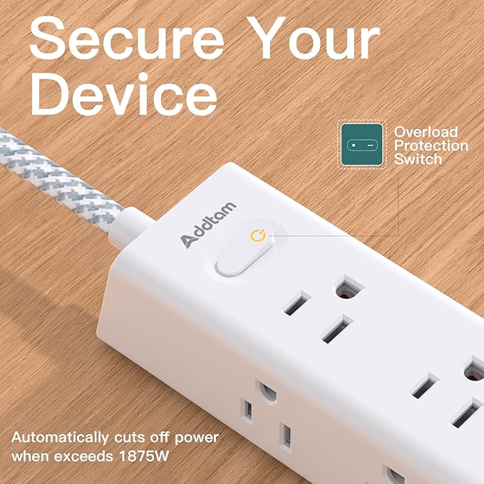 Addtam Power Strip Surge Protector with 12 AC Outlets & 4 USB Ports, 5FT Extension Cord, Flat Plug, Wall Mount, 1050J Overload Protection, Desk Charging Station for Home Office, ETL Listed, White