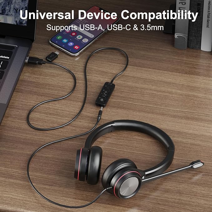 USB Headset with Microphone for PC, 3.5mm & USB A/Type C Wired Computer Headset, Corded PC Headphone with Noise Cancelling Mic, Office Headphones for Business Call Center Teams Laptop